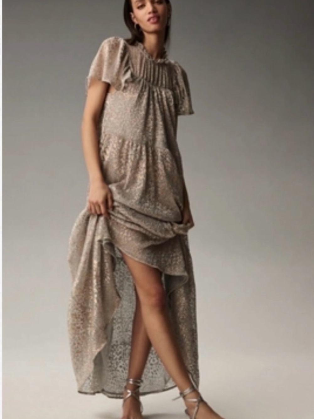Anthropologie Champagne High-Low Flutter Sleeve Maxi Dress
